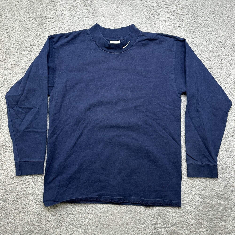 Vintage 90s Nike Shirt Mens M Blue Mock Neck Swoosh Long Sleeve Gray Tag